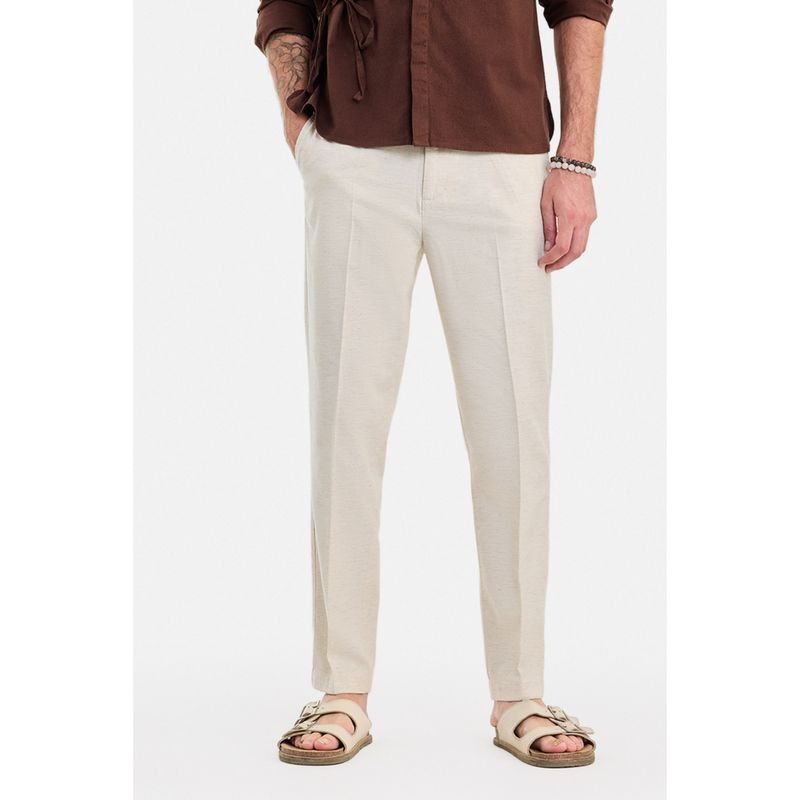 Snitch Cream Textured Regular Casual Trouser for Men (28)