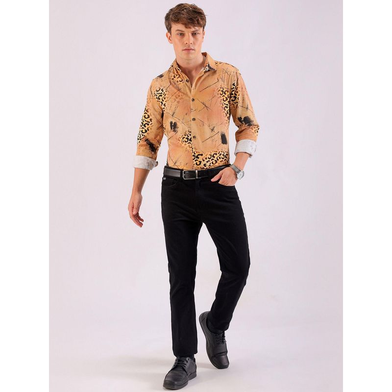 The Indian Garage Co Men Slim Fit Printed Full Sleeves Cutaway Collar Party Wear Shirt Gold (M)