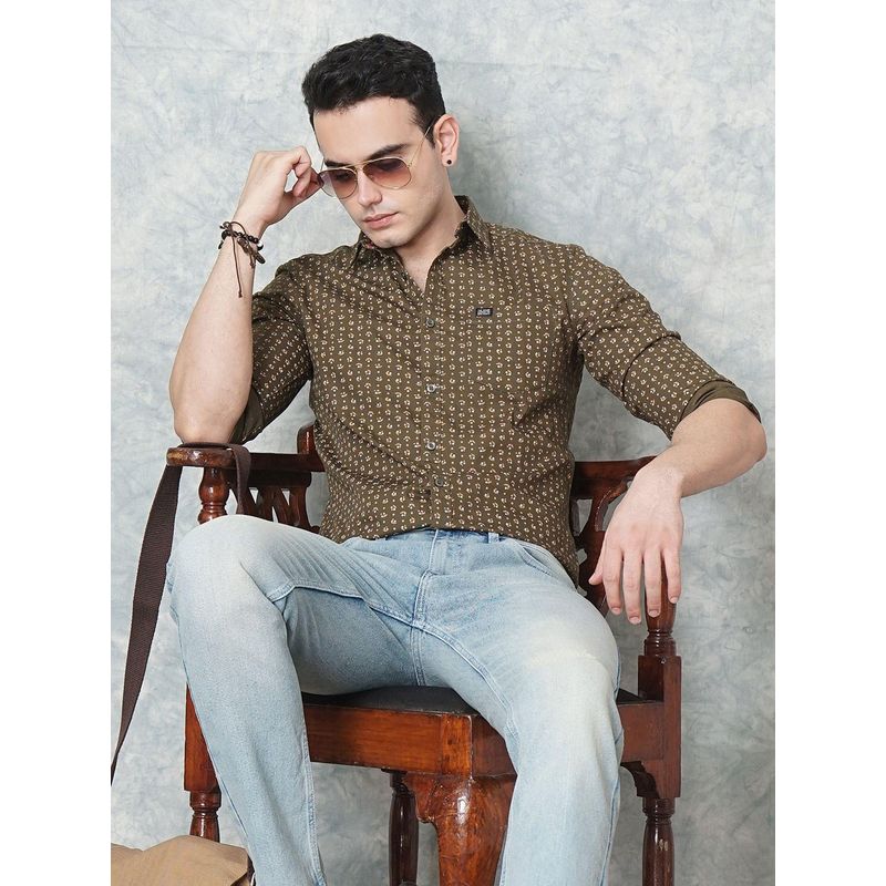The Indian Garage Co Men Slim Fit Full Sleeves Spread Collar Casual Shirt Olive (S)