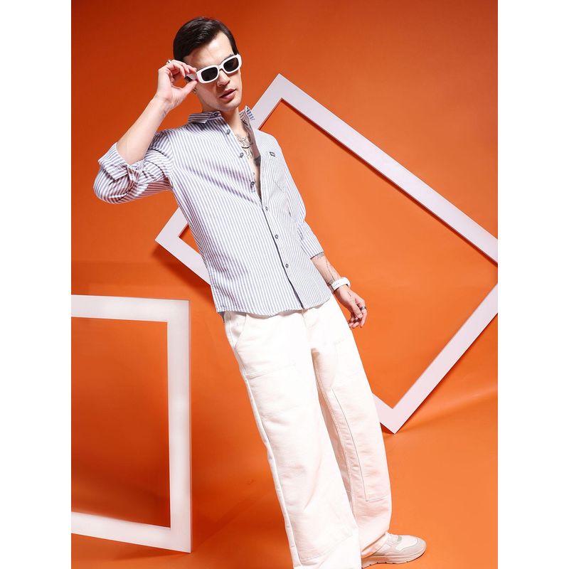 The Indian Garage Co Men Slim Fit Striped Full Sleeves Cutaway Collar Casual Shirt Navy Blue (XL)