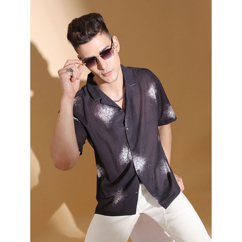 The Indian Garage Co Men Relaxed Fit Floral Printed Half Sleeves Cuban Collar Shirt Black (XL)