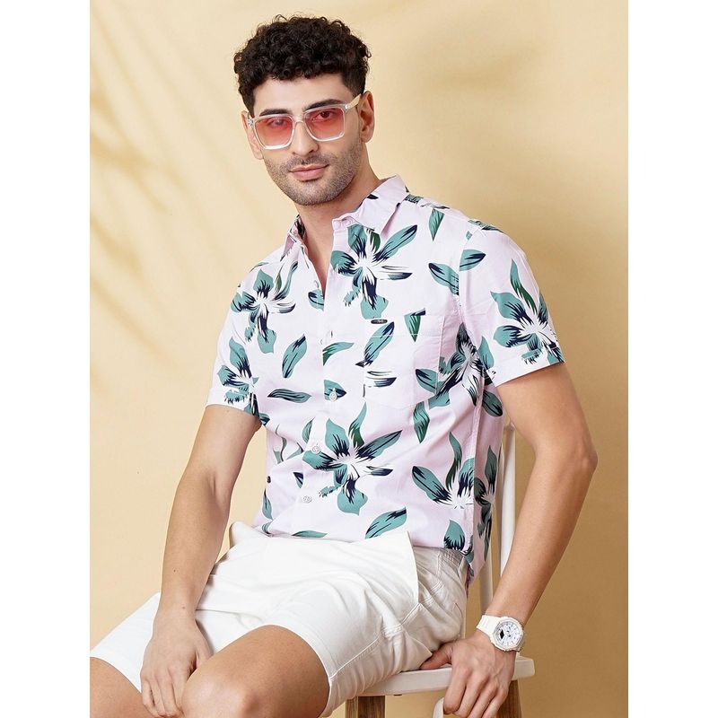 The Indian Garage Co Men Slim Fit Tropical Half Sleeves Spread Collar Resort Wear Shirt Pink (L)