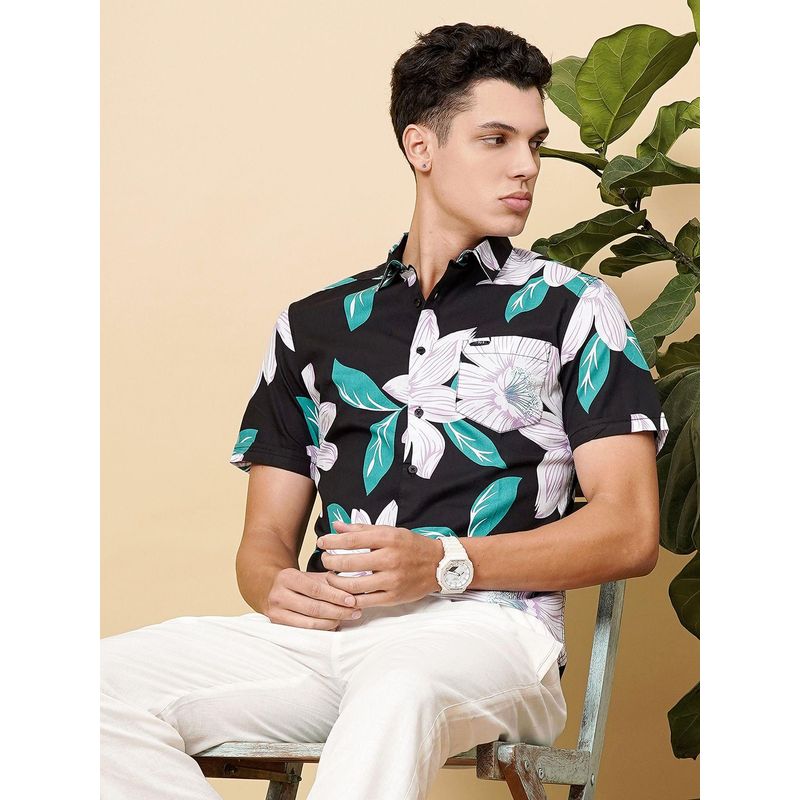 The Indian Garage Co Men Slim Fit Tropical Half Sleeves Spread Collar Resort Wear Shirt Black (S)