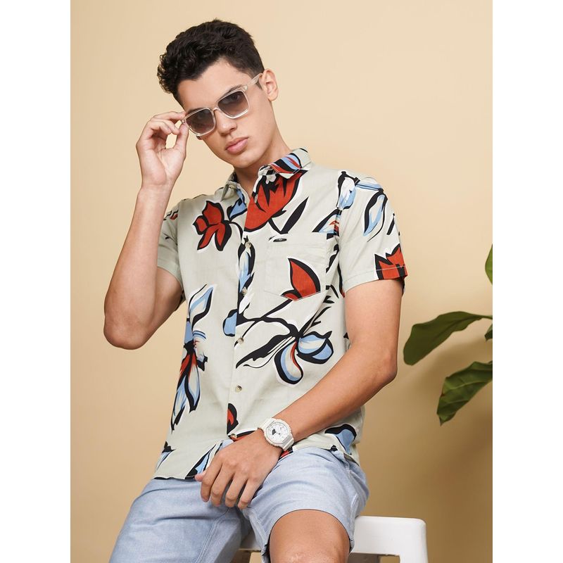 The Indian Garage Co Men Slim Fit Half Sleeves Spread Collar Resort Wear Shirt Green (S)