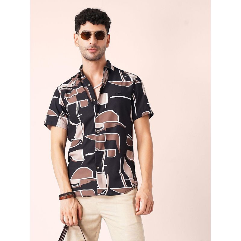 The Indian Garage Co Men Slim Fit Half Sleeves Spread Collar Resort Wear Shirt Black (S)