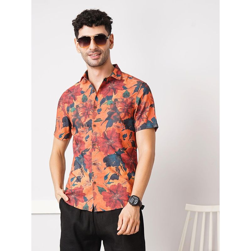 The Indian Garage Co Men Slim Fit Half Sleeves Spread Collar Resort Wear Shirt Orange (XL)