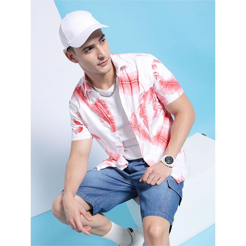 The Indian Garage Co Men Slim Fit Tropical Half Sleeves Cutaway Collar Casual Shirt Pink (M)