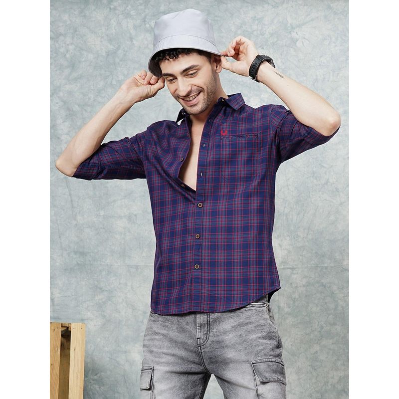 The Indian Garage Co Men Slim Fit Checkered Full Sleeves Cutaway Collar Casual Shirt Navy Blue (M)