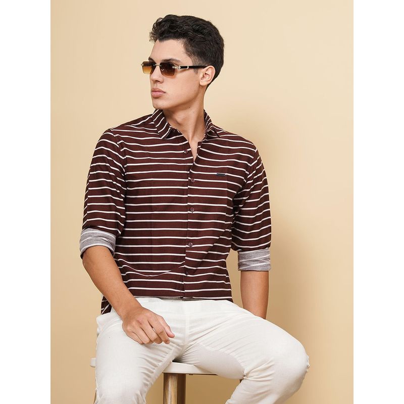 The Indian Garage Co Men Slim Fit Multi Striped Full Sleeves Cutaway Collar Casual Shirt Wine (S)