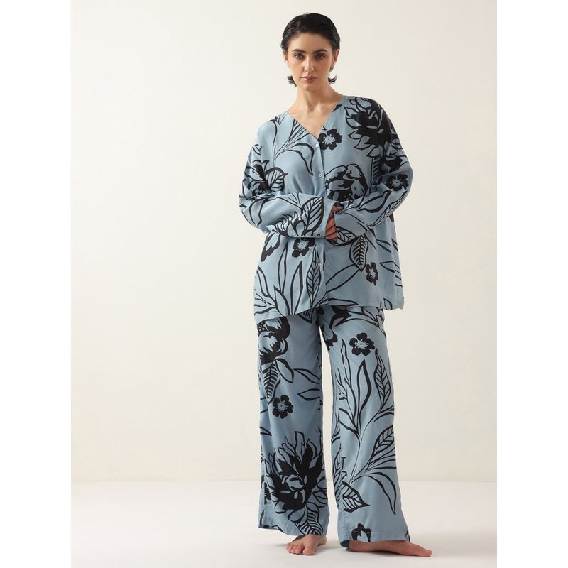 SAY Blue Printed Shirt and Pyjama (XS)