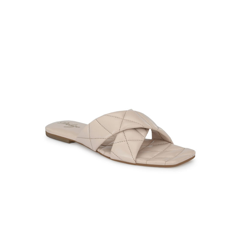 Delize Solid Off-White Solid Vegan Leather, Quilted Cross Strap Flat Sandals (UK 2)
