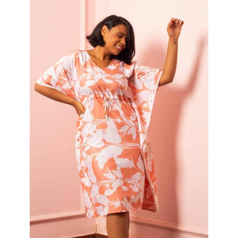 AOBA Women Peach-Coloured Printed Kaftan Nightdress (S)