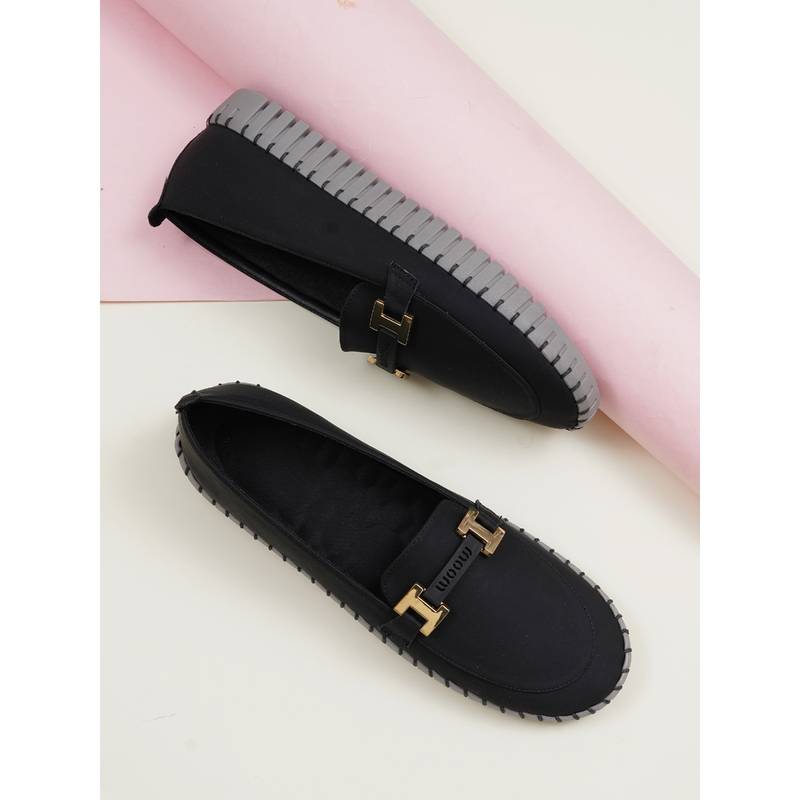 Sherrif Shoes Women Slip-On Black Loafers with Gold-Tone H-Buckle (EURO 35)