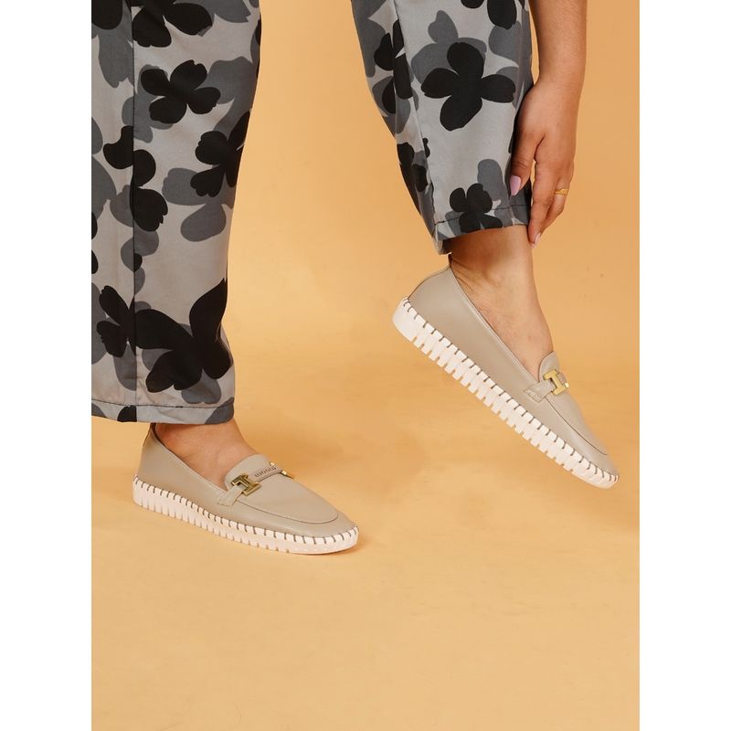 Sherrif Shoes Women Slip-On Grey Loafers with Gold-Tone H-Buckle (EURO 35)