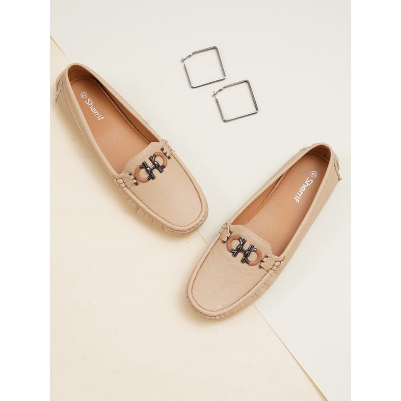 Sherrif Shoes Women Solid Beige Loafers with Dual Metal Bit Detail (EURO 36)