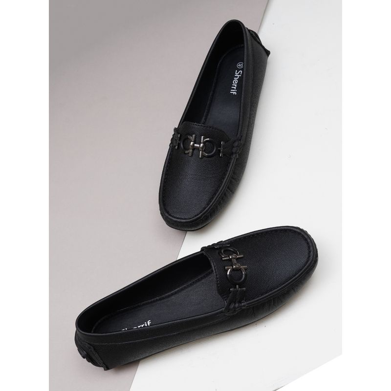 Sherrif Shoes Women Solid Black Loafers with Dual Metal Bit Detail (EURO 36)