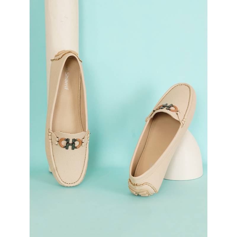 Sherrif Shoes Women Solid Cream Loafers with Dual Metal Bit Detail (EURO 37)