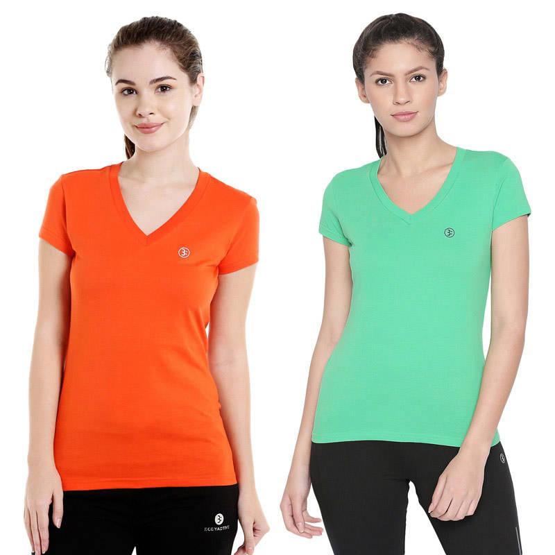 Bodyactive Multi Color T-shirt for Women - TS14-DPORGLTGRN-2PCS-S