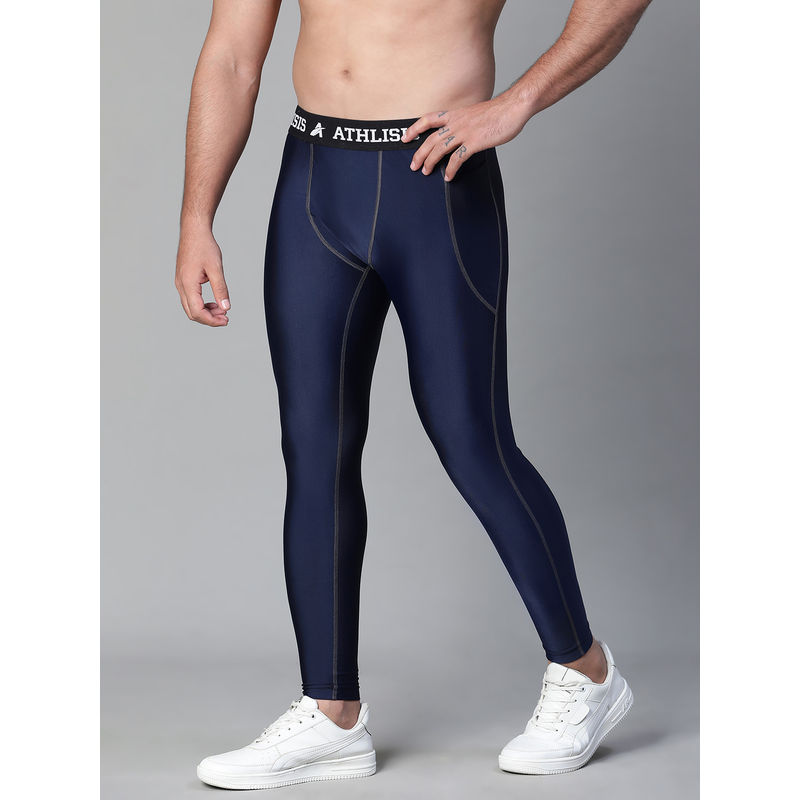 Athlisis Mens Navy Blue Sweat-Wicking Compression Tights (S)