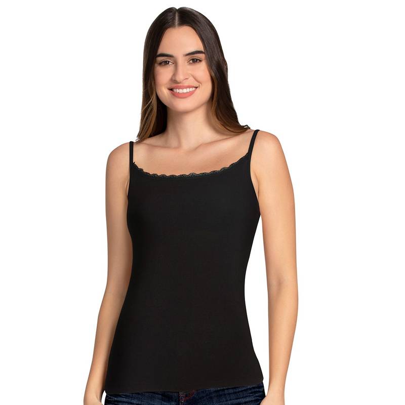 Amante Solid High Coverage Straight Neck Sleeveless Camisole - Black (XS)