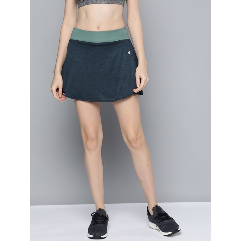 Alcis Women Navy Blue Green Solid Sports Wrap Mini Skirt (S)