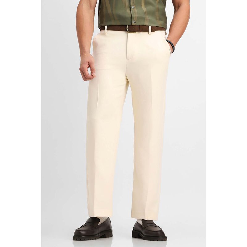 Snitch Cream Solid Flared Formal Trousers (32)
