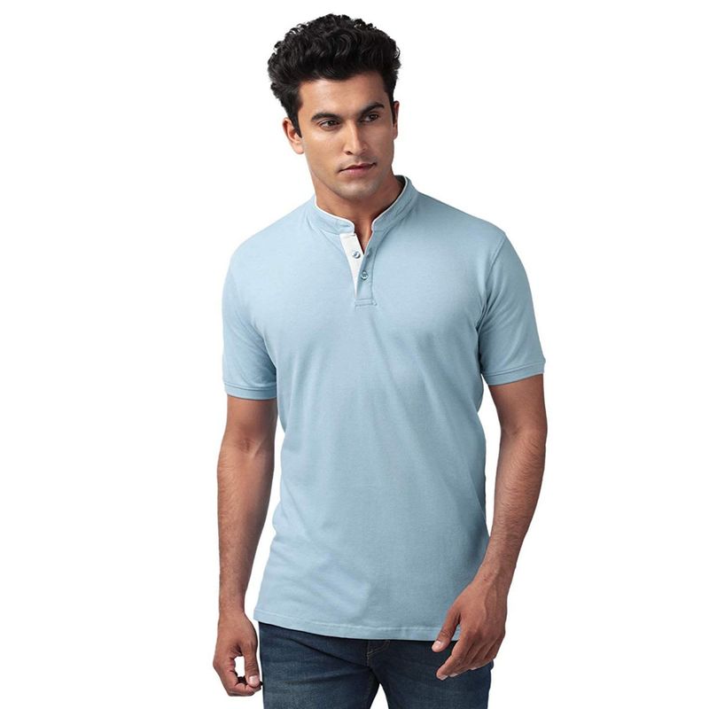 The Souled Store Men Solids Mandarin Polo Sky Blue Mandarin Polos (2XL)