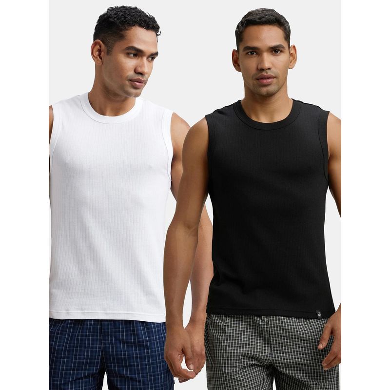 Jockey 9930 Men Super Combed Cotton Rib Solid Muscle Vest - Black and White (L)
