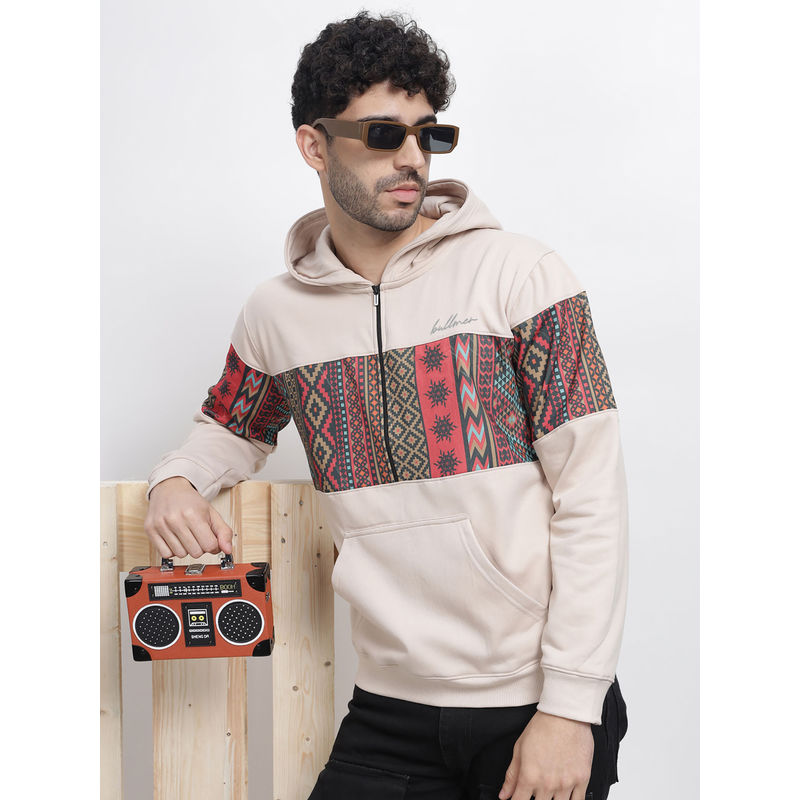 BULLMER Beige Melange Trendy Printed Fleece Hoodie Sweatshirt for Men (2XL)