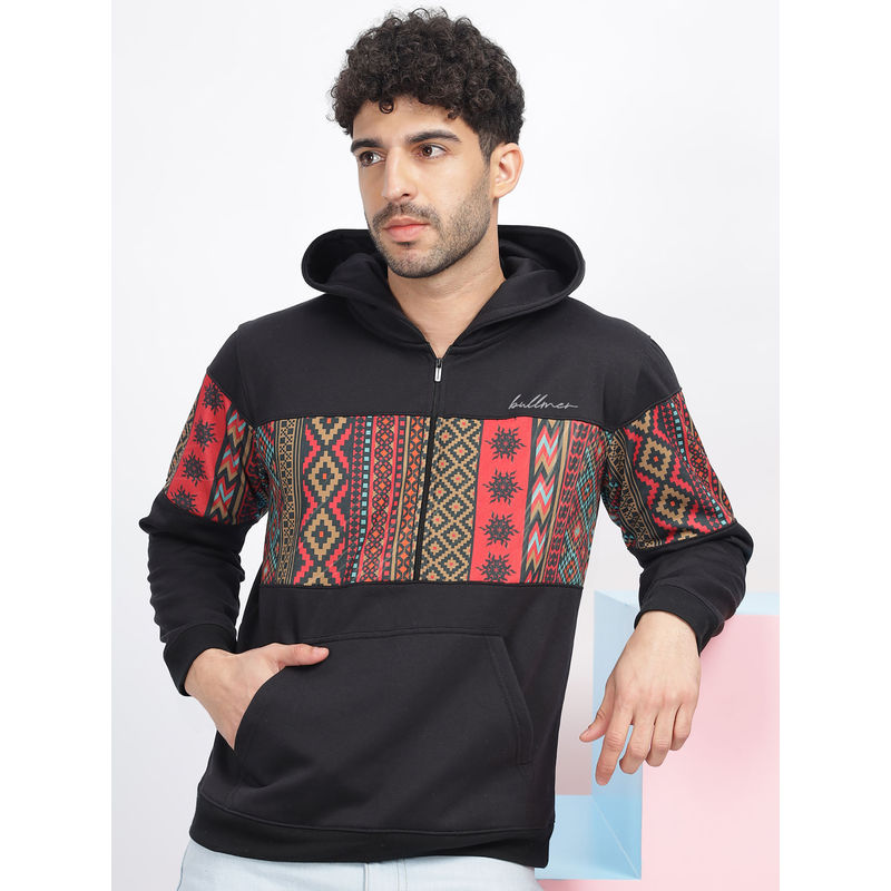 BULLMER Black Trendy Printed Fleece Hoodie Sweatshirt for Men (L)
