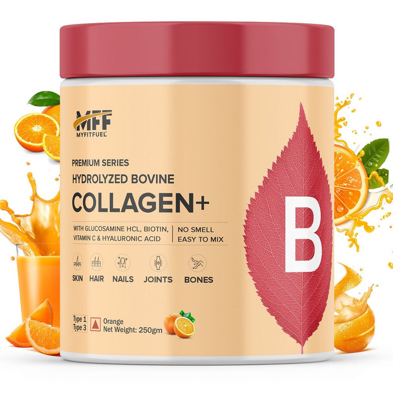 MyFitFuel Hydrolyzed Bovine Collagen +Hyaluronic Acid Biotin Vitamin C. Skin Hair Nails Orange(250g)