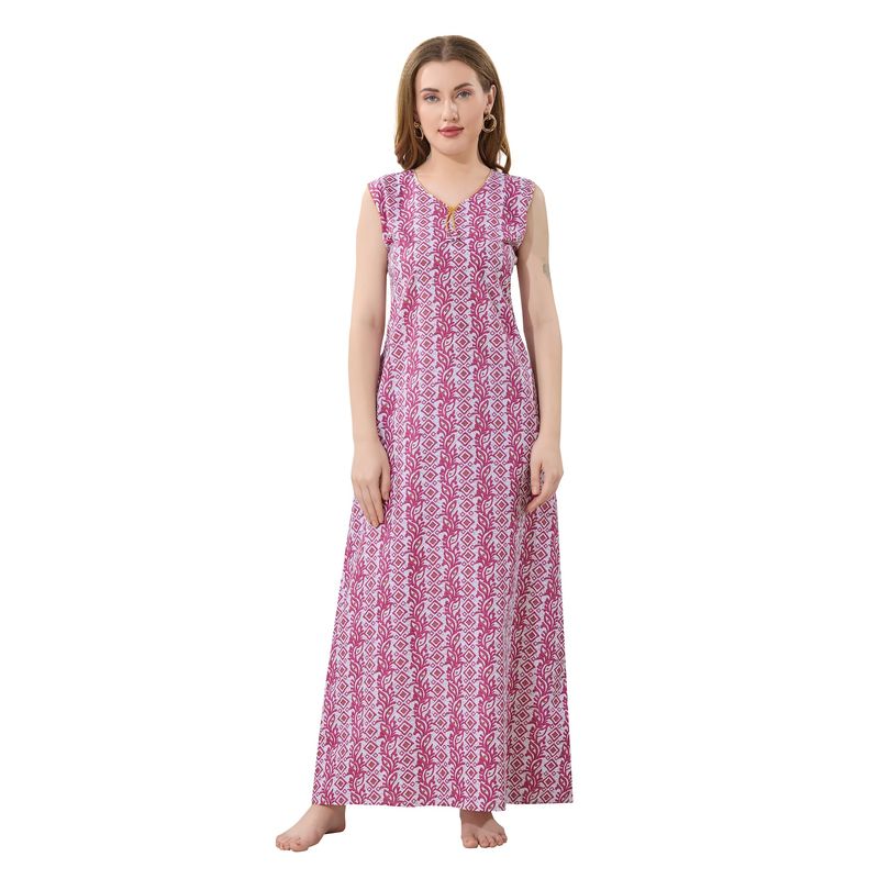 PIU Cotton Sleeveless Floral Print Nighty - Pink (XL)