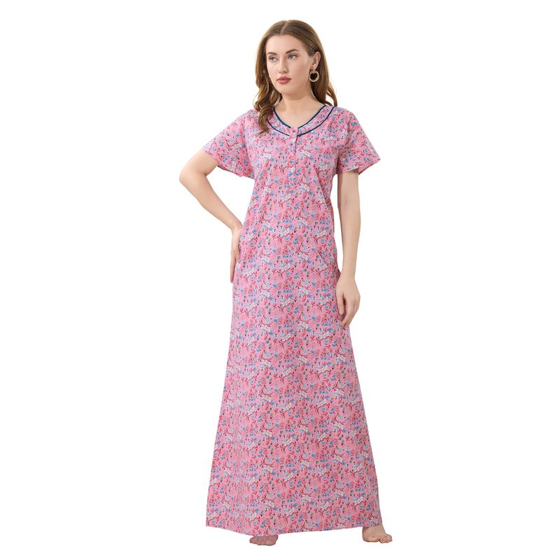 PIU Front Open Plus Size Cotton Half Sleeves Floral Print Nighty - Pink (XL)