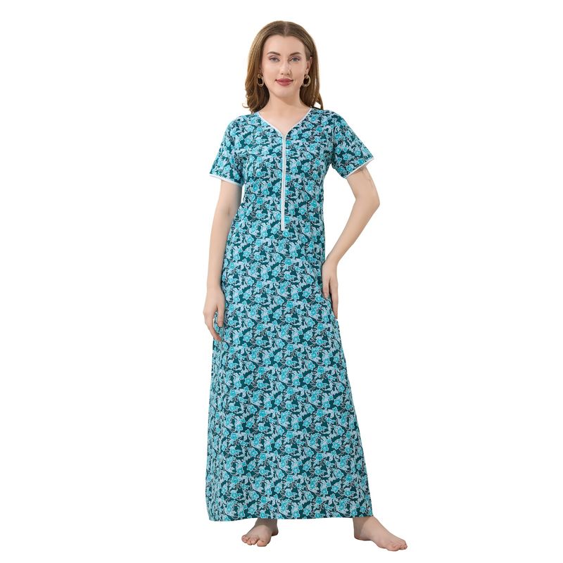 PIU Front Open Plus Size Cotton Half Sleeves Floral Print Nighty - Green (L)