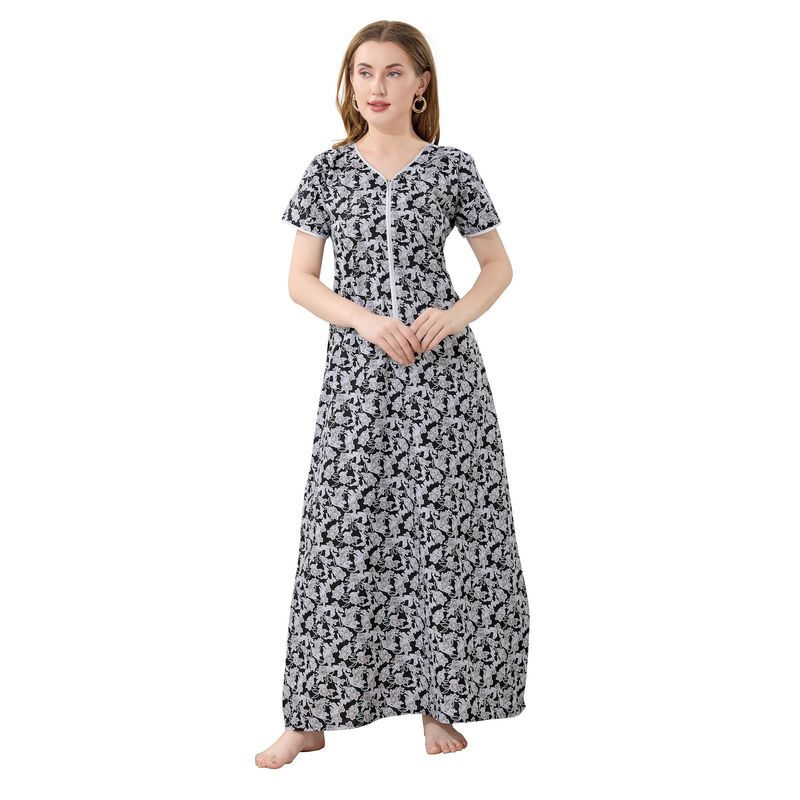 PIU Front Zipper Cotton Half Sleeves Floral Print Nighty - Black (M)