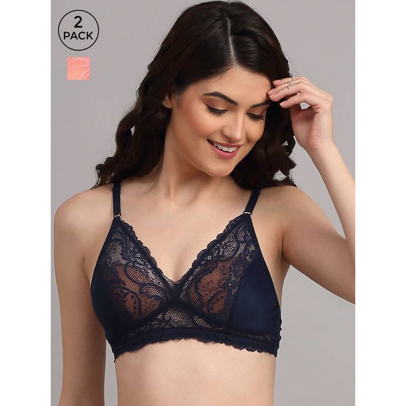 AOBA Navy Blue & Pink Pack of 2 Floral Bralette Bra (S)