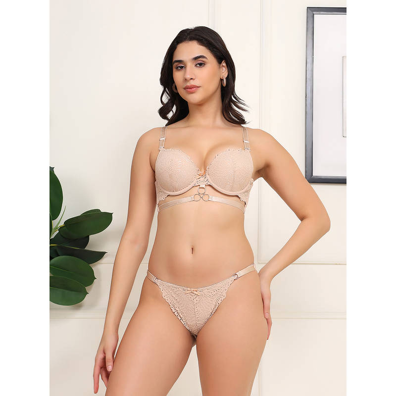 BRACHY Women's Beige Lace Bridal Padded Push-Up Underwired Bra and Panty (34B)