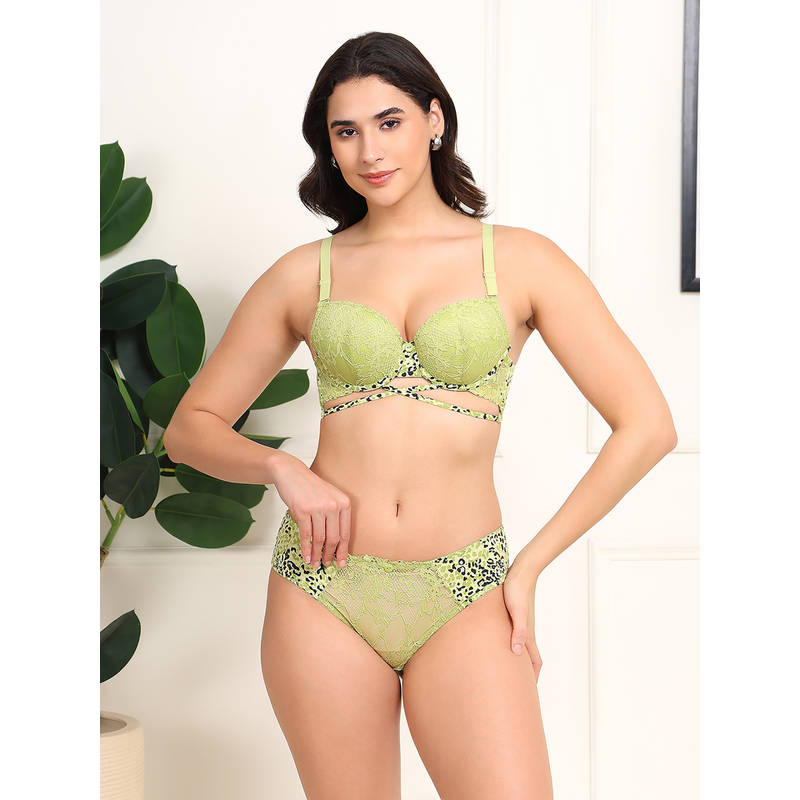 BRACHY Women's Green Printed Padded Push-Up Underwired Plunge Bra and Panty (34B)