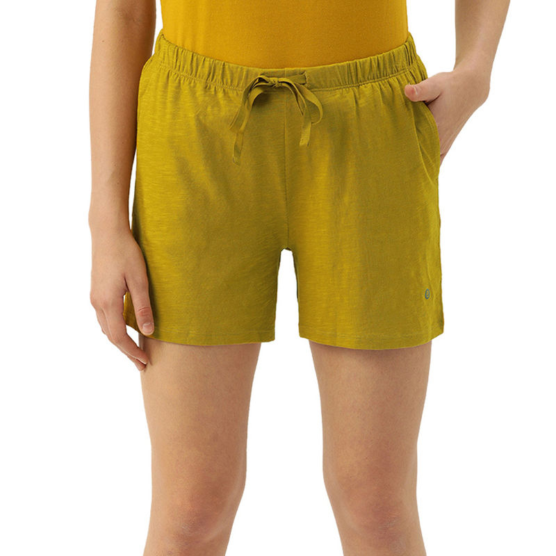Enamor Essentials E062 Women's Relaxed Fit Basic Cotton Shorts - Yellow (L) - E062