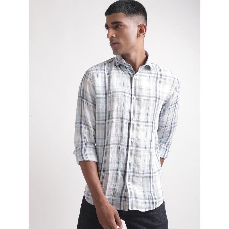 Bruun & Stengade Men Checked Cutaway Collar Full Sleeves Shirt -White (42)