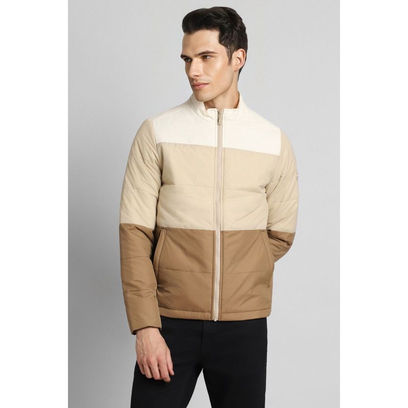 Simon Carter Men Colorblock Regular Full Sleeves High Neck Beige Puffer Jacket (L)