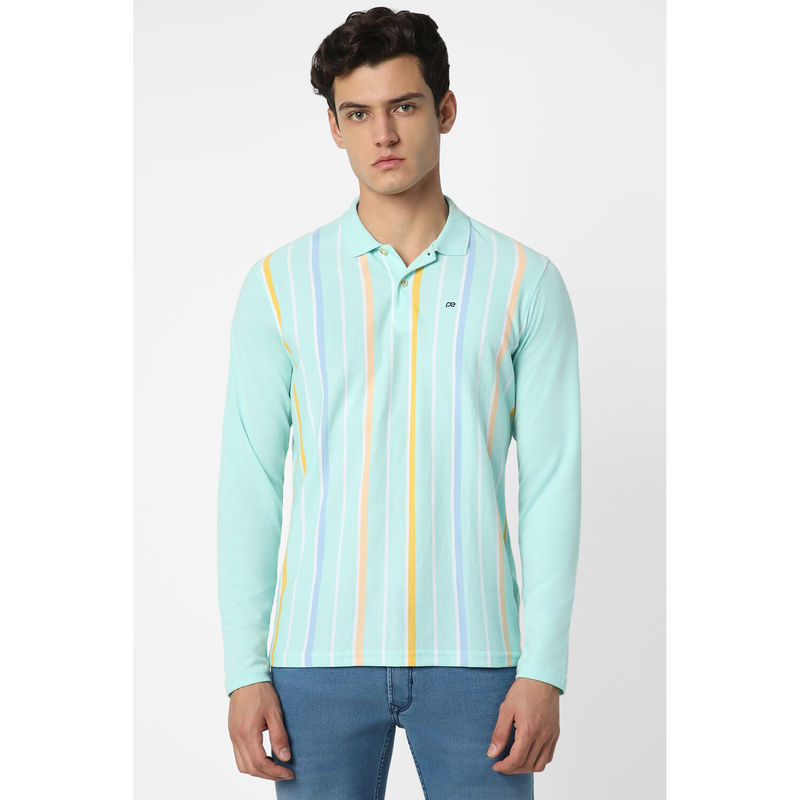 Peter England Men Blue Stripe Polo Neck Polo T-Shirts (M)