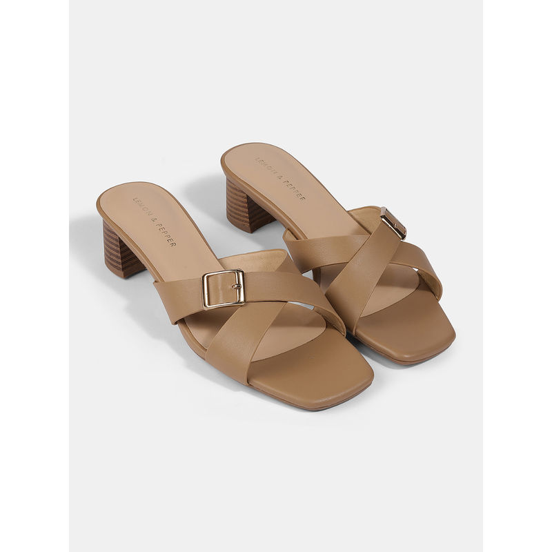 Lemon & Pepper Tan Block Sandal Heels (EURO 36)
