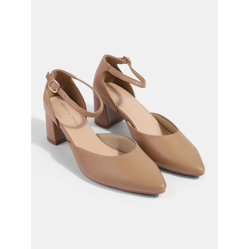 Lemon & Pepper Ankle Strap Block Heeled Mules Beige (EURO 41)