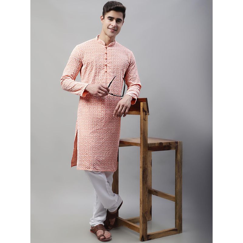 Jompers Men's Peach and White Embroidered Straight Kurta and Pyjama (S)
