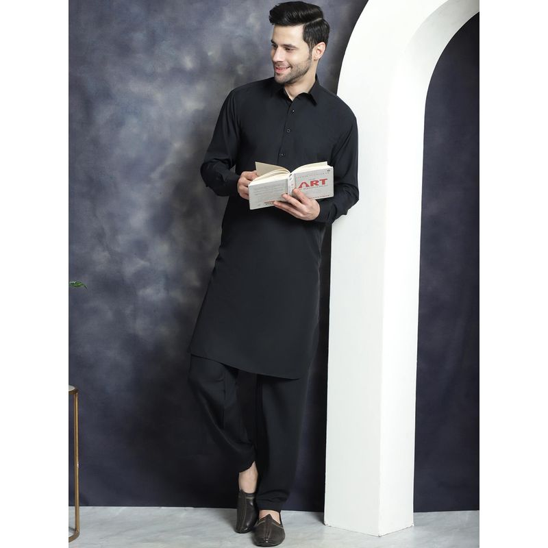 Jompers Black Men's Solid Pathani Kurta with Salwar (S)