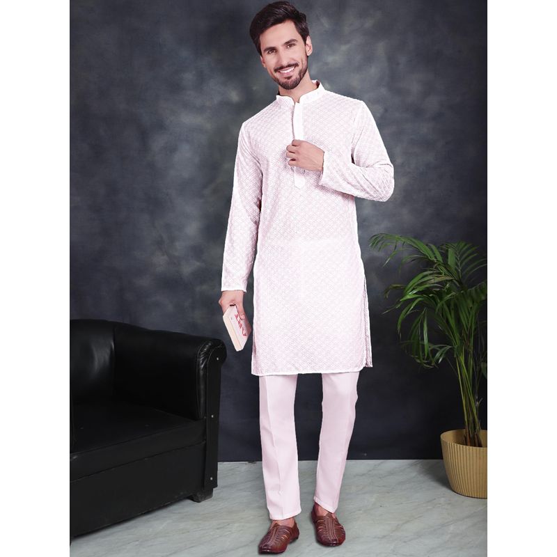 Jompers Men's White Embroidered and Sequence Kurta with Pyjama (S)