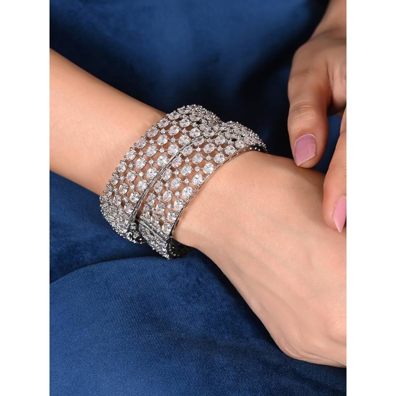Ratnavali Jewels Silver Plated AD Studded White Openable Bangles Set of 2 (2.2)