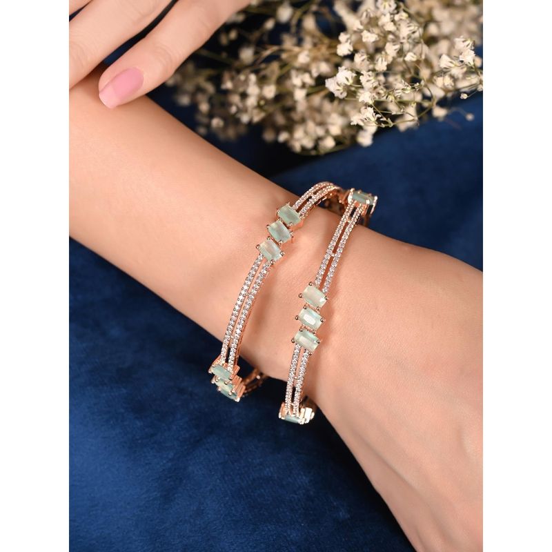 Ratnavali Jewels Rose Gold Plated Mint Green AD Studded Single Line Bangles Set of 2 (2.8)