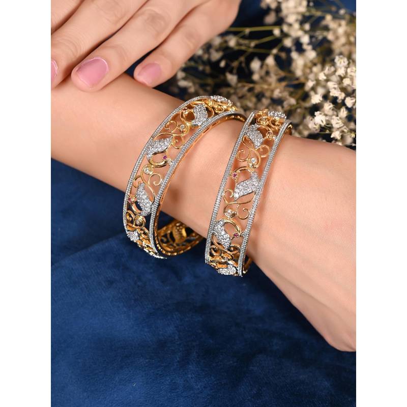 Ratnavali Jewels Gold Plated AD Studded Peacock Bangles Set of 2 (2.4)